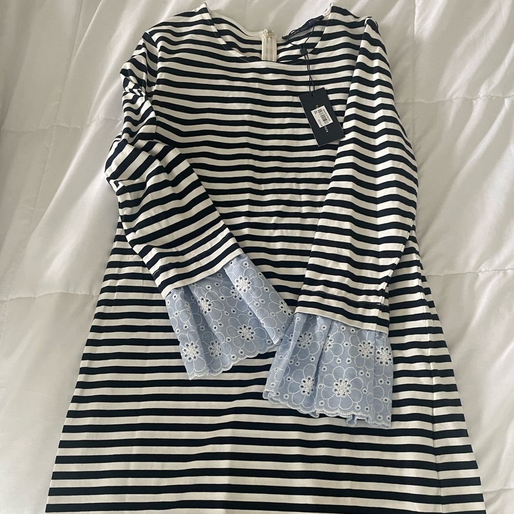 New Tommy Hilfiger blue and white striped dress with blue lace sleeves